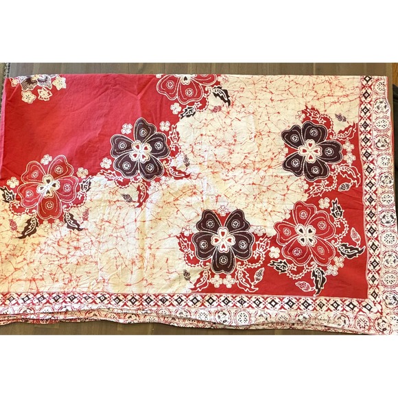 Other - Red Batik Floral Fabric Wrap Sarong Scarf Table Runner‎ Craft Decor